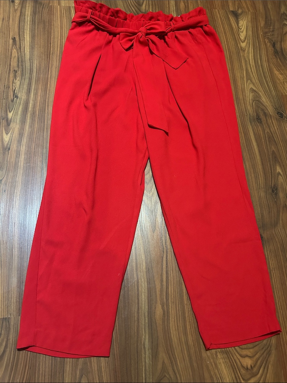 High-Rise Red Paperbag Tie Ankle Pants